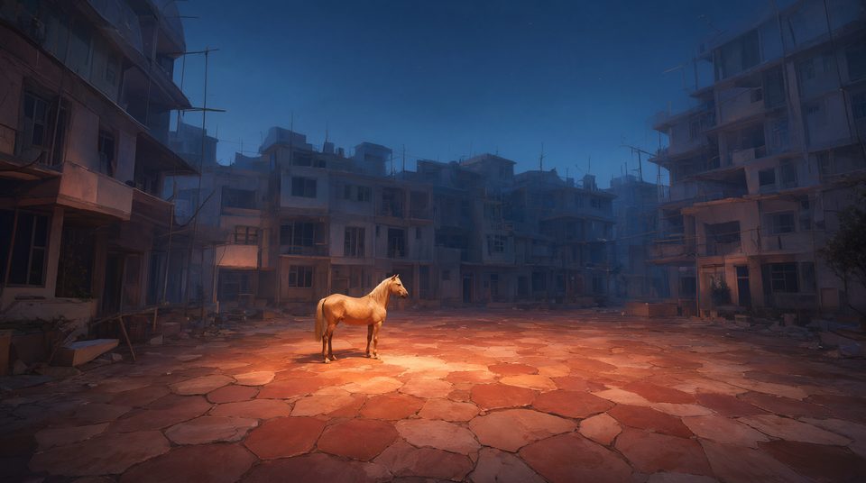 Warm paving stones in an empty, half-built city at dusk, and a golden horse standing alone on them.