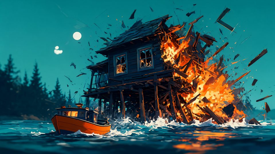 Night over a teal lake: a house on stilts bursting apart in flames, a little orange boat in front of it and two moons in the sky.