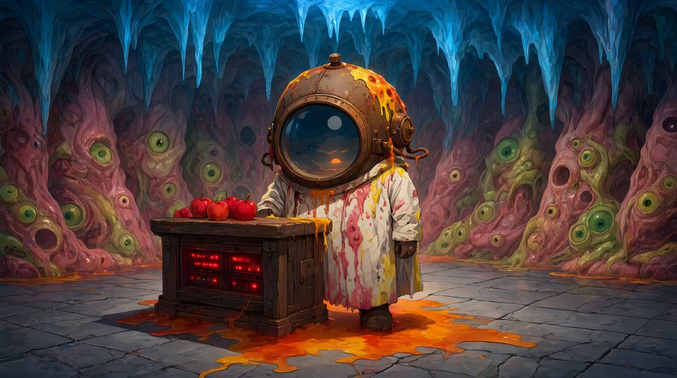 A small figure in a rusted brass diving helmet, a dusk sky in its visor, stands in a stained coat at a wooden crate topped with red apples, in a cave of blue icicles and walls full of green eyes.